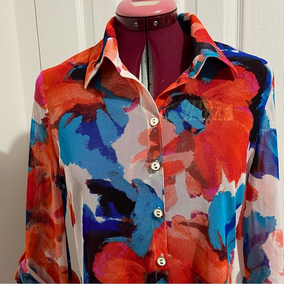 Joseph Ribkoff women floral mesh button down roll tab sleeves top. Size 8. Used. - Picture 2 of 6